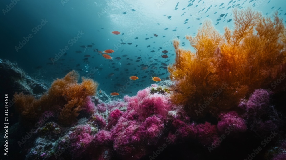 Naklejka premium A vibrant underwater scene showcases colorful coral reefs and lively fish. The harmony of colors creates a magical environment. Dive into the beauty of marine life. Generative AI