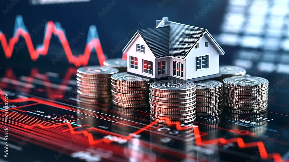 Isometric illustration of a property investment concept, featuring a toy home model on top of stacks of coins with an upward-trending financial graph in the background.