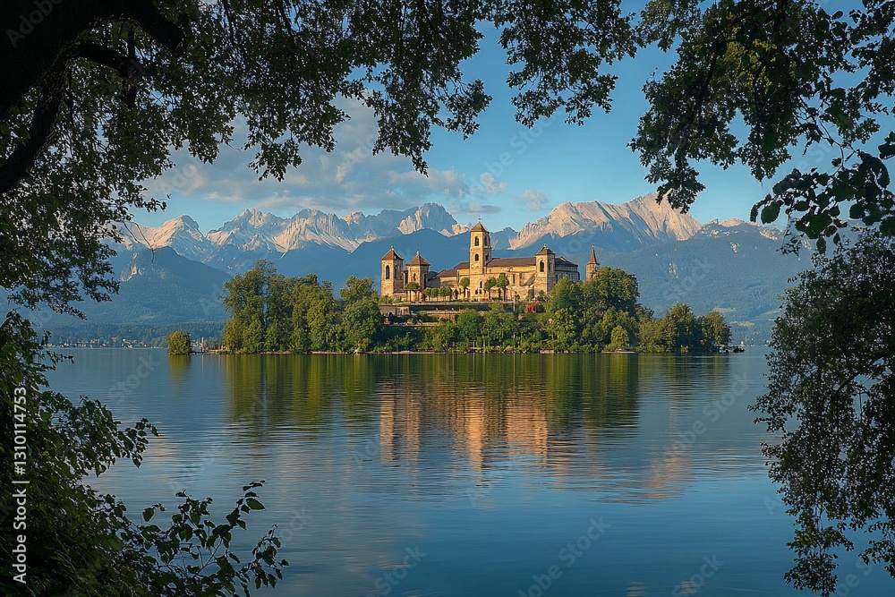 Island monastery reflected in serene lake, mountains backdrop Island monastery reflected in serene lake, mountains backdrop