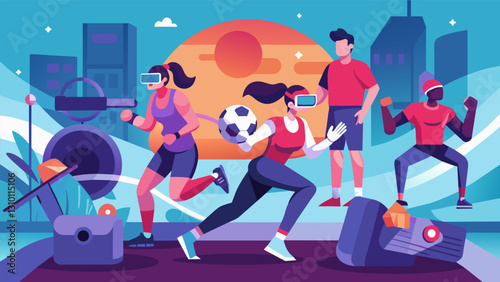 The ultimate test of physical prowess and determination as players join a global VR fitness league and compete in a variety of grueling virtual sports. Vector illustration