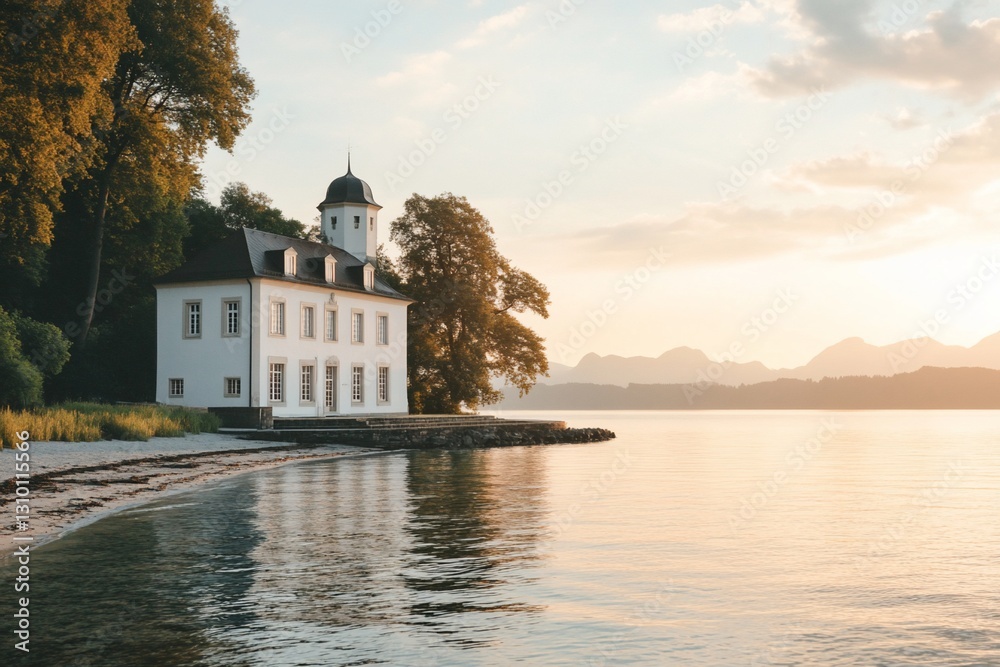 Obraz premium Lakeside mansion at sunset, serene waters