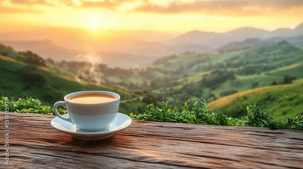 Sunrise Tea, Mountain View, Tranquil Scene Sunrise Tea, Mountain View, Tranquil Scene
