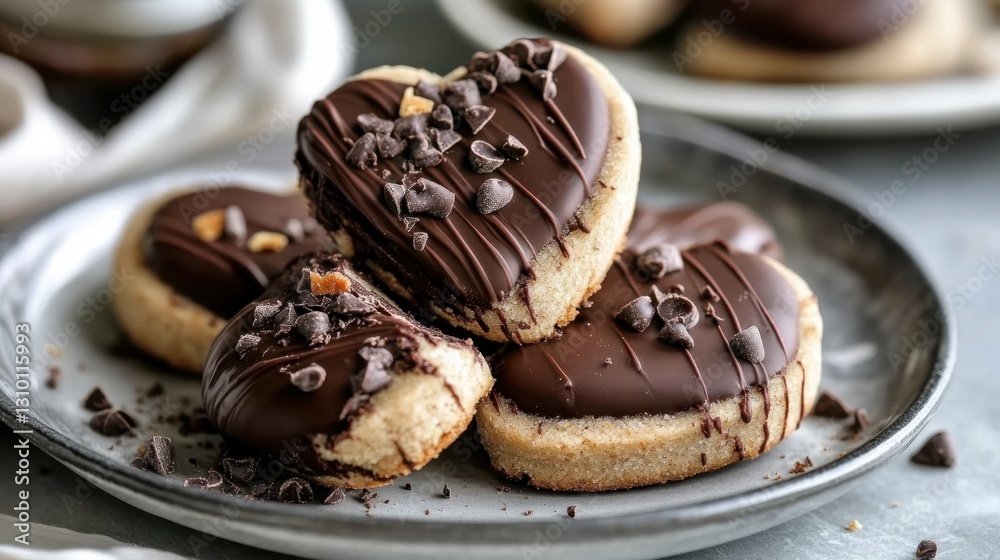 Delicious chocolate heart cookies with sprinkles and drizzle on plate. Chocolate Shortbread Heart Cookies Delicious chocolate heart cookies with sprinkles and drizzle on plate. Chocolate Shortbread Heart Cookies