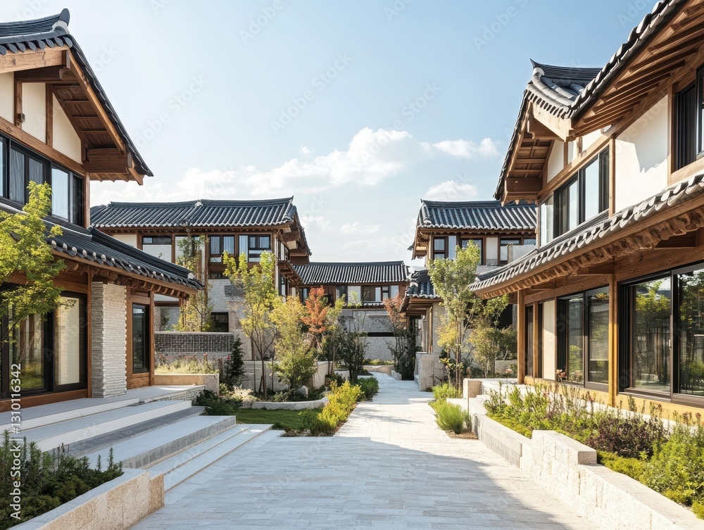 Beautiful architectural style traditional houses lined along a walkway Beautiful architectural style traditional houses lined along a walkway