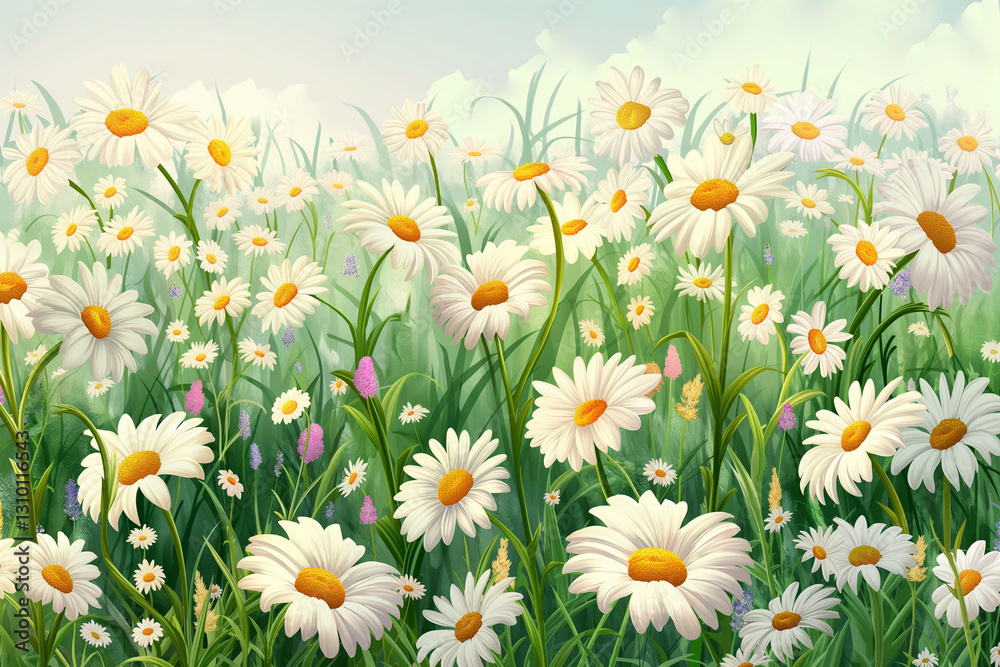 Fototapeta premium A seamless wallpaper background depicting a vibrant field of daisies in full bloom during spring