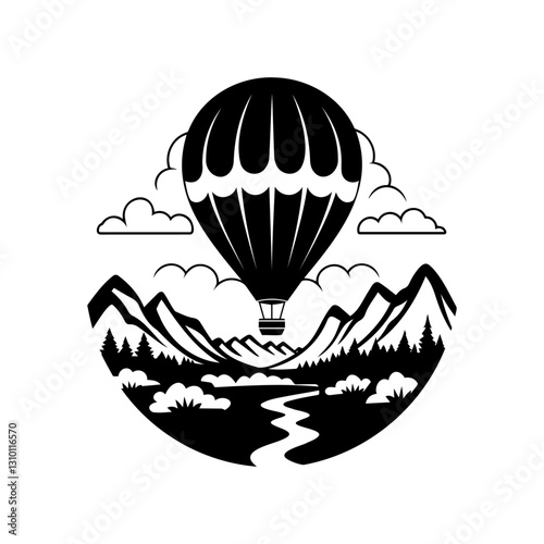 Balloon flies against the backdrop of a beautiful mountain landscape. Aerostat flies in the sky against the backdrop of high mountains and green fields. Hot air balloon vector illustration.