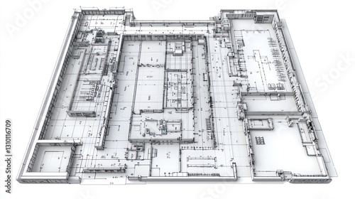 3D model of a large building's floor plan.