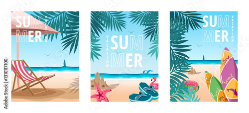 A set of posters on the theme of summer beach holidays. Scenery with sea, beach chair under umbrella, sand castle, surfboards, palm trees