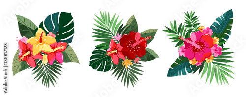 A pattern of hibiscus flowers and palm leaves. Bouquet for decorating cups, clothes and other goods.
