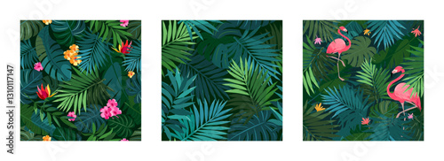 Green background, jungles, flamingos, tropical plants and flowers. Seamless pattern, a set of complementary decors