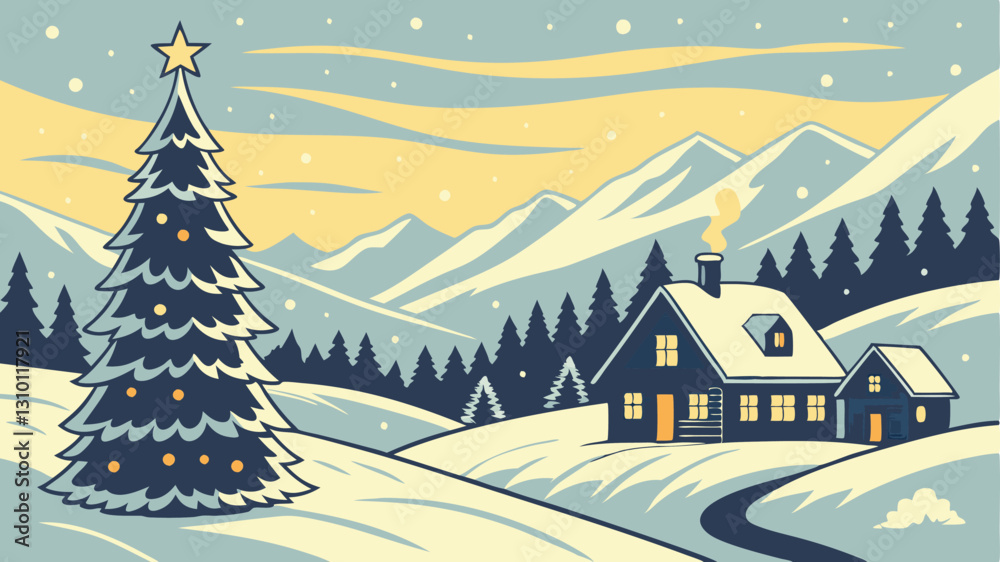 Naklejka premium Festive winter landscape with a village in the background and festive SVG, Christmas tree in the foreground SVG. Illustration can be used as a Christmas holiday card AI, Day, EPS, PNG, JPEG File.