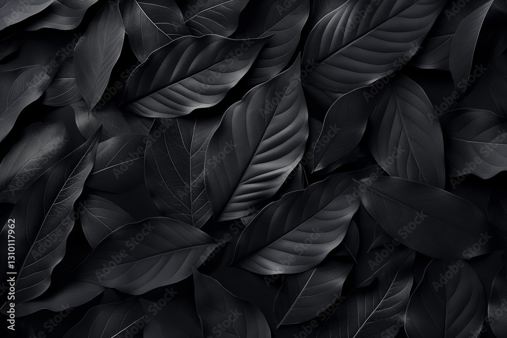 A sophisticated wallpaper design featuring matte black leaves set against an equally dark black background A sophisticated wallpaper design featuring matte black leaves set against an equally dark black background