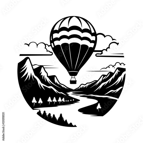 Balloon flies against the backdrop of a beautiful mountain landscape. Aerostat flies in the sky against the backdrop of high mountains and green fields. Hot air balloon vector illustration.