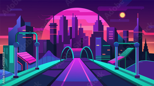 Sweat it out in a vibrant virtual city on the VR parks neon fitness trail where bright lights and pulsing music accompany your energetic movements at. Vector illustration