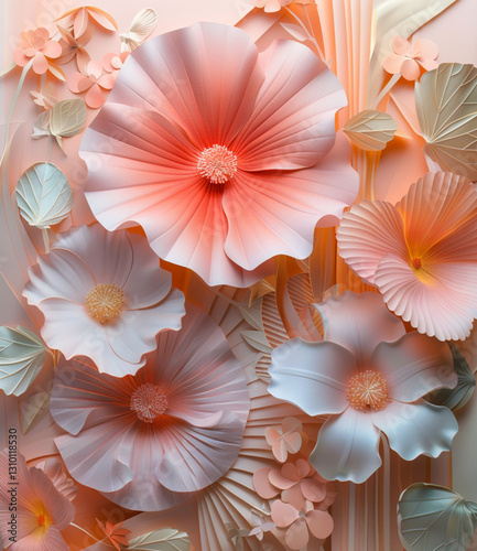 A close-up view of a stunning arrangement of paper flowers in varying shades of peach and pastel pink, accented by light gray and beige.