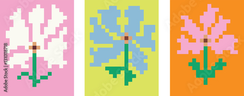Various 8bit Flowers. Square floral icons. Pixel Art, retro video game, embroidery style. Hand drawn modern Vector illustration. Embroidered cross stitch, Vintage 90s gaming concept. Isolated elements