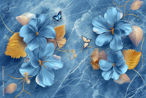 A stunning 3D wallpaper design featuring vibrant blue flowers with intricate yellow leaves and delicate butterflies, all set against a smooth, luxurious blue marble background 