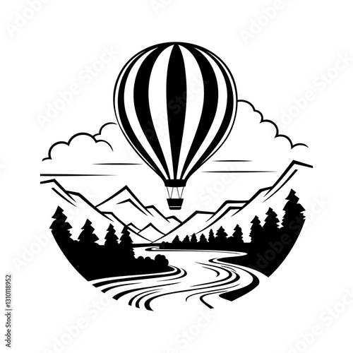 Balloon flies against the backdrop of a beautiful mountain landscape. Aerostat flies in the sky against the backdrop of high mountains and green fields. Hot air balloon vector illustration.