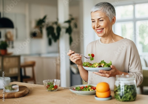 Smiling woman enjoying a healthy salad at home, promoting wellness and nutrition