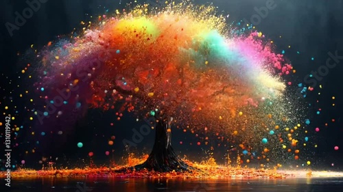 Colorful tree exploding with vibrant colors, surreal art, dark background