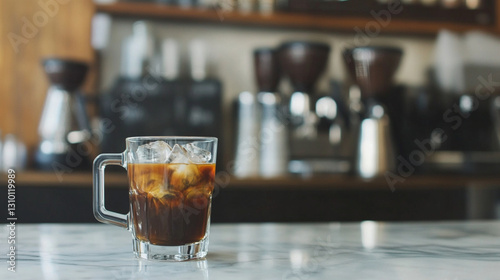 a glass of coffee sitting on a wooden table, partially illuminated by sunlight. The background is slightly blurred, with a mix of light and dark areas, suggesting an indoor setting, possibly a cafe 