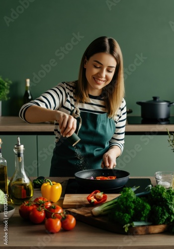 Woman cooking in the kitchen, sprinkling seasoning on fresh vegetables