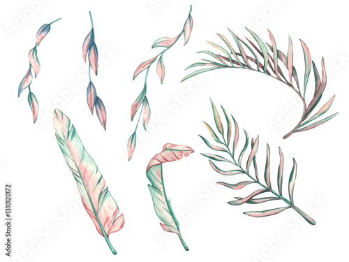 Set of Tropical leaves and branches of exotic plants from the jungle. Watercolor illustration of leaves in pink and green pastel colors. Palm leaves template for postcard, invitation designs isolated