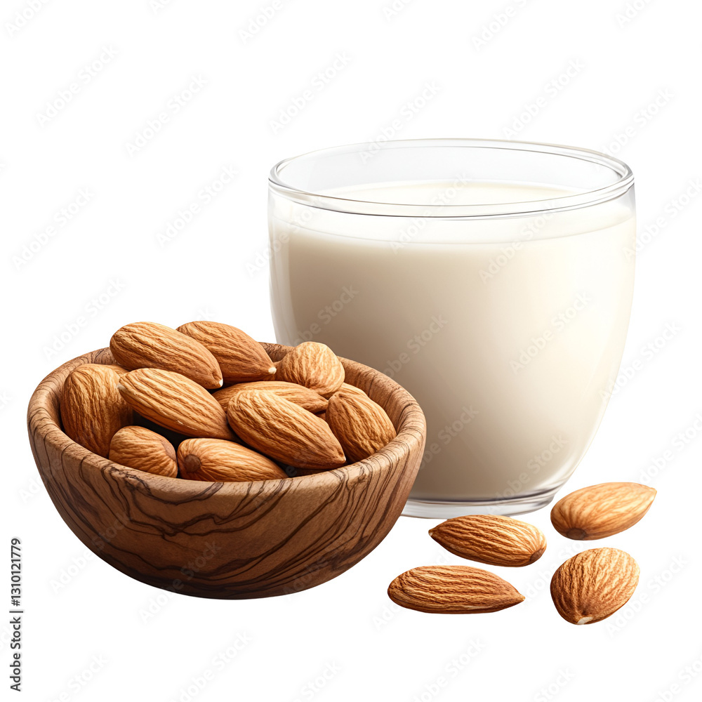 almond milk and almonds in wooden bowl isolated on transparent background almond milk and almonds in wooden bowl isolated on transparent background