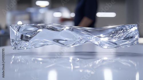 The item appears to be a clear, sculpted glass bowl, possibly the Little Ice block Bowl. It is rectangular with a twisted, textured design, and its surface reflects the light, creating a shimmering 