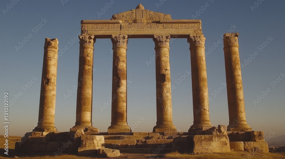Fototapeta premium Ancient stone columns at sunset, ruins of a temple.