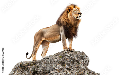 A Majestic Lion Standing Proudly on a Rocky Outcrop Overlooking the Wild Isolated on transparent background PNG photo