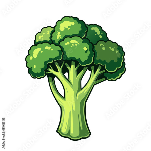 Fresh broccoli floret with a vibrant green color in a hand-drawn botanical food illustration