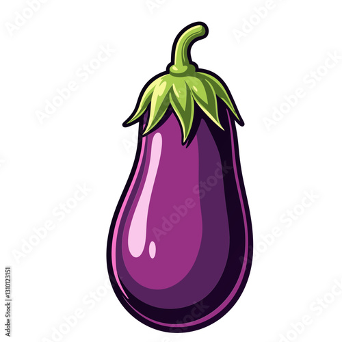 Glossy purple eggplant with a green stem in a detailed hand-drawn food illustration