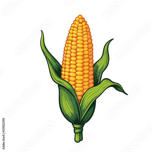 Golden ear of corn with husks partially peeled back in a detailed food illustration style