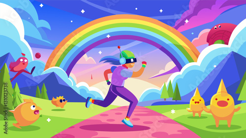 The bright rainbowcolored fields of a dreamlike land beckon you as you jog along in your VR headset dodging obstacles and leaping over pitfalls to. Vector illustration