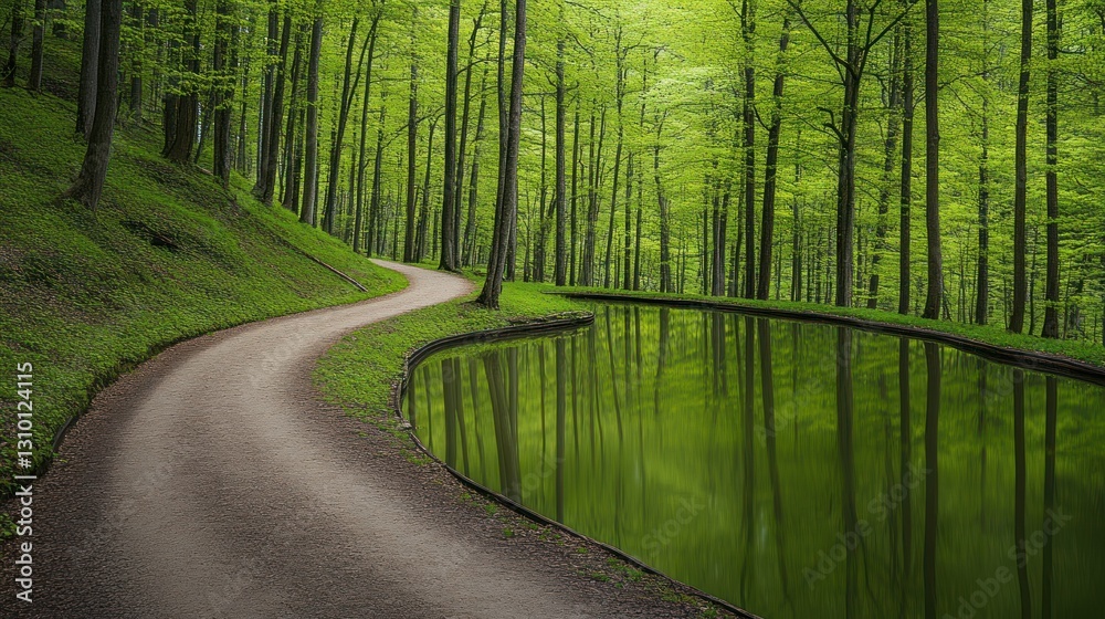 Fototapeta premium Winding path reflecting in tranquil forest pond