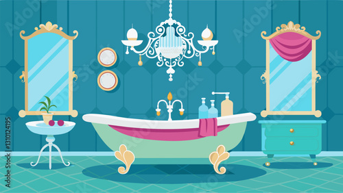 A glly decorated bathroom with a thrifted clawfoot tub a repurposed thrifted mirror and a thrifted chandelier as the centerpiece.. Vector illustration