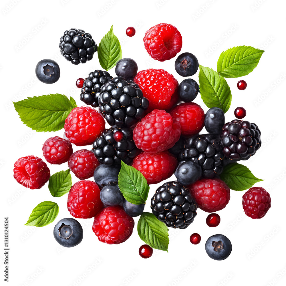 Mix berries with leaves isolated on transparent background Mix berries with leaves isolated on transparent background