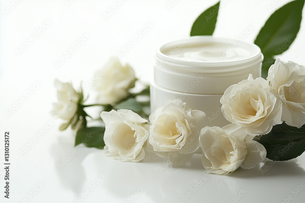 Glass jar with cream for face and white roses, isolated on white background. Glass jar with cream for face and white roses, isolated on white background.