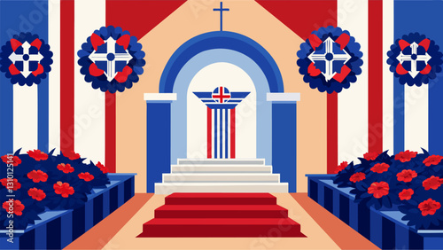 The churchs foyer decorated with red white and blue flowers and wreaths to honor those who served.. Vector illustration