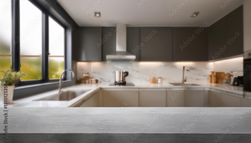 Minimalistic Concrete Countertop in Blurred Modern Kitchen, Offering Versatile Space for Product Placement, Elevating Contemporary Interior Design with a Touch of Industrial Chic. Minimalistic Concrete Countertop in Blurred Modern Kitchen, Offering Versatile Space for Product Placement, Elevating Contemporary Interior Design with a Touch of Industrial Chic.