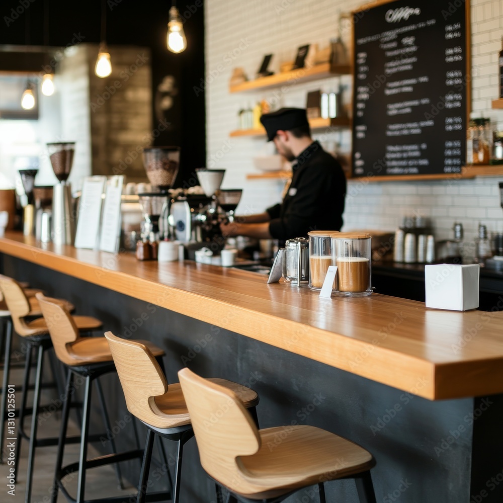 Industrial cafe counter with copper details, a row of vintage espresso cups, and warm wooden finishes Industrial cafe counter with copper details, a row of vintage espresso cups, and warm wooden finishes