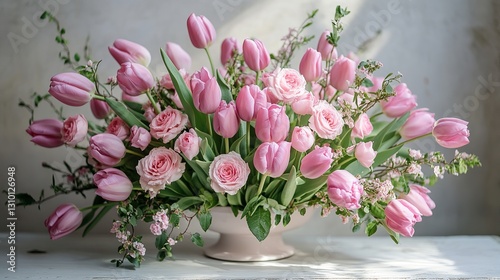 Wallpaper Mural Elegant floral arrangement of pink tulips and roses in a white vase, soft romantic decoration Torontodigital.ca
