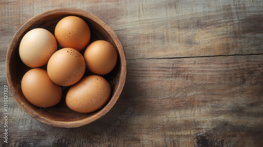 Freshly harvested eggs arranged in a wooden bowl on a rustic tabletop with natural light Generative AI Freshly harvested eggs arranged in a wooden bowl on a rustic tabletop with natural light Generative AI