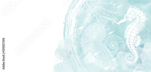 Art sea background vector. Luxury design with seahorse, underwater plants, fish, nautilus, place for text and  watercolor splash. Template design for text, packaging and prints.