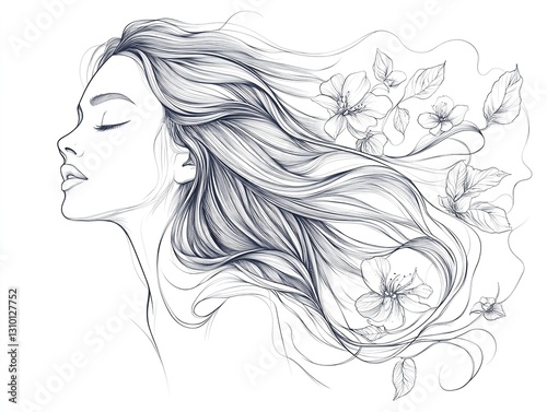 Elegant minimalist line-art drawing of a woman with flowing hair and floral elements