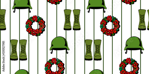 A seamless military tribute pattern featuring helmets, boots and flower wreaths, a green stripe symbolizing memory, sacrifice and honoring fallen soldiers, and Remembrance Day