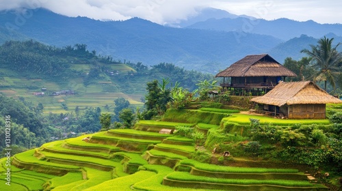 Lush terraced rice paddies, mountain huts, Vietnam photo