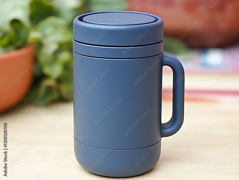 Obraz premium A blue colored tumbler with a handle rests on a table