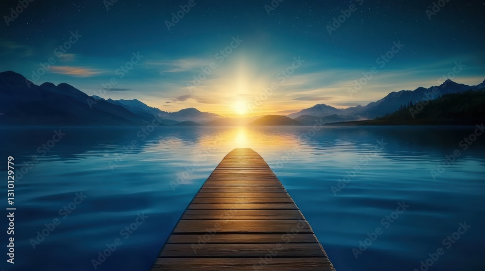 Obraz premium A serene wooden dock extends into a calm lake at sunrise, surrounded by majestic mountains under a starry sky, This captivating image is ideal for relaxation, nature-themed projects, and inspiration,